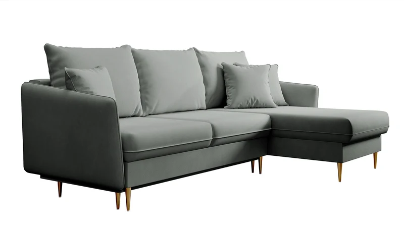 Ecksofa mit Schlaffunktion Volio, grauer wasserabweisender Samt, goldene Beine