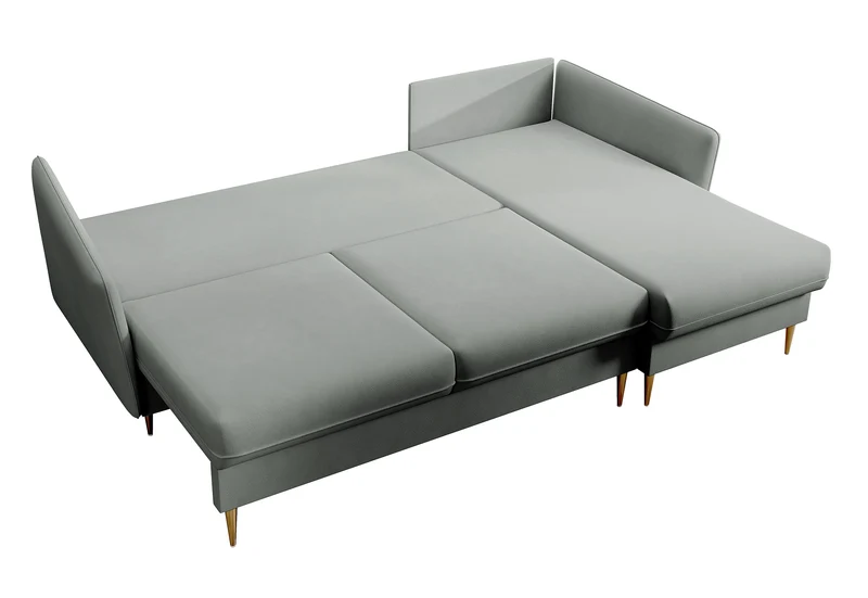Ecksofa mit Schlaffunktion Volio, grauer wasserabweisender Samt, goldene Beine