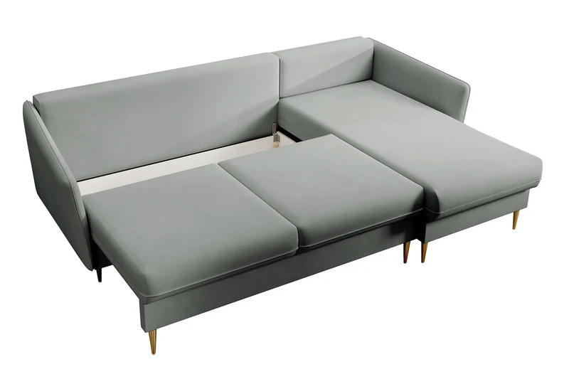 Ecksofa mit Schlaffunktion Volio, grauer wasserabweisender Samt, goldene Beine