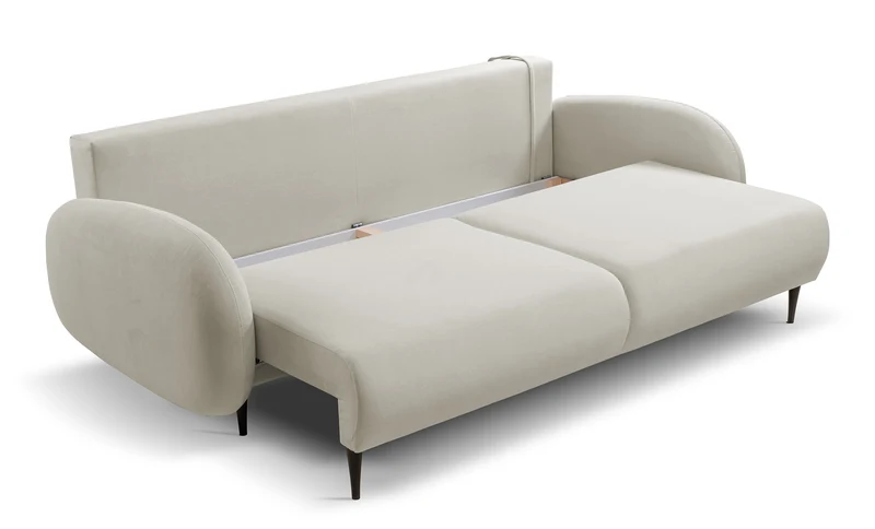 Ausziehbare Bafra-Sofa mit Schlaffunktion und Bettkasten, hellbeige Samt
