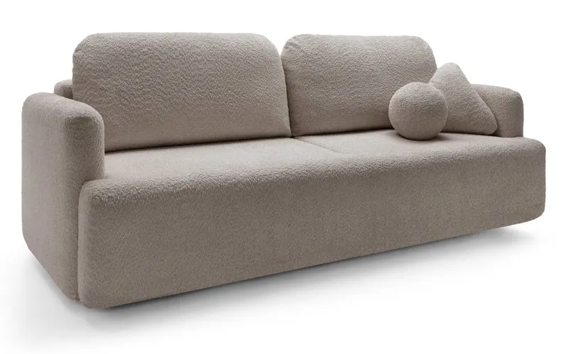 Dreisitziges ausklappbares Sofa Lambina mit Stauraum, dunkelbeige Bouclé