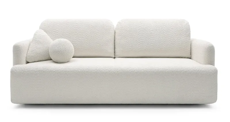 Dreisitziges ausklappbares Sofa Lambina mit Stauraum, cremefarbenes Bouclé