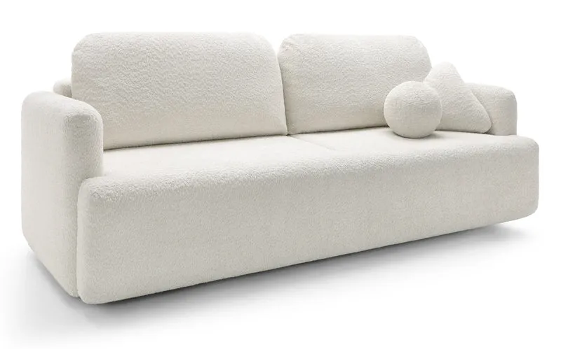 Dreisitziges ausklappbares Sofa Lambina mit Stauraum, cremefarbenes Bouclé