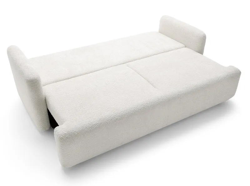 Dreisitziges ausklappbares Sofa Lambina mit Stauraum, cremefarbenes Bouclé