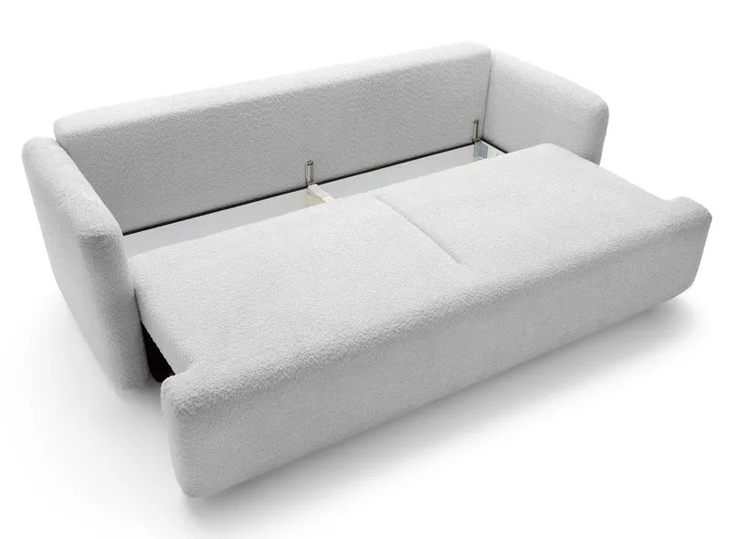 Dreisitziges ausklappbares Sofa Lambina mit Stauraum, hellgrauer Bouclé-Stoff
