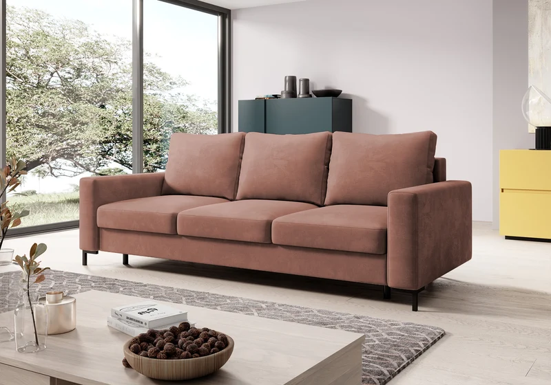 Dreisitziges Schlafsofa Mokpeo mit Stauraum, rosa Velours, leicht zu reinigen