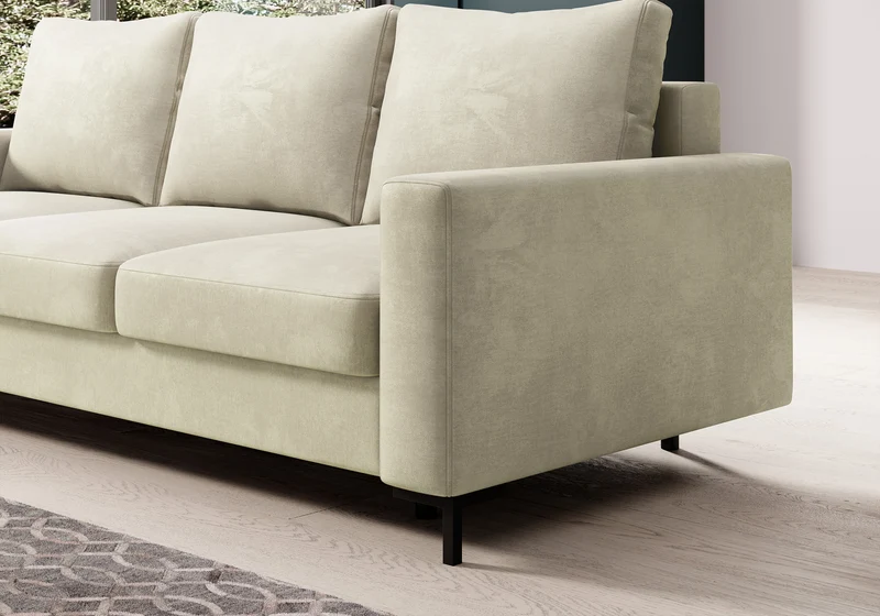 Dreisitziges ausklappbares Sofa Mokpeo mit Stauraum, beige, pflegeleichter Samtstoff
