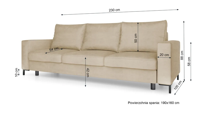 Dreisitziges ausklappbares Sofa Mokpeo mit Stauraum, beige, pflegeleichter Samtstoff
