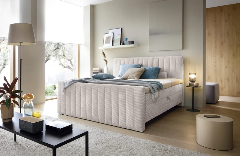Kontinentales Bett Lullabino 160x200 cm mit Stauraum und Topper, hellbeiger Cordstoff