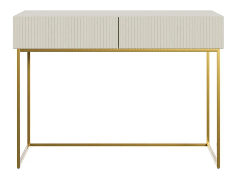 Schminktisch Veldio mit gefräster Front und zwei Schubladen, 110 cm, grau-beige mit goldenen Beinen