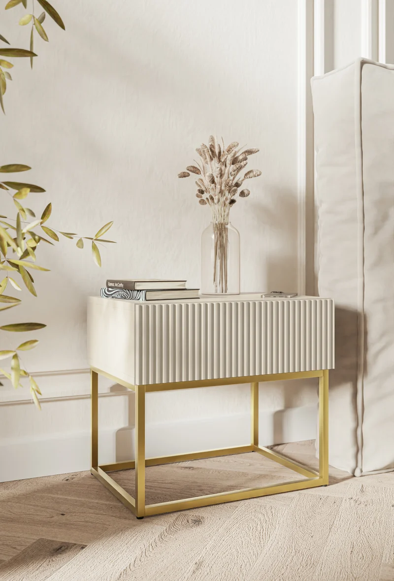 Nachttisch Veldio mit gefräster Front und Schublade, 50 cm, Grau mit goldenen Beinen