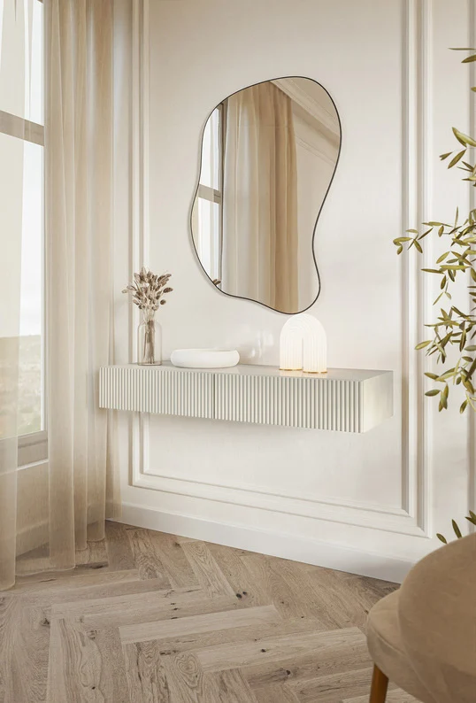 Toilettentisch Veldio mit gefräster Front und zwei Schubladen, 110 cm, hängend, grau-beige