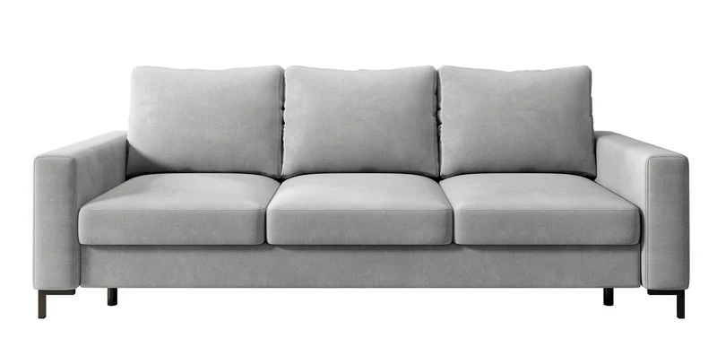 Dreisitziges ausklappbares Sofa Mokpeo mit Stauraum, hellgrauer, pflegeleichter Samtstoff