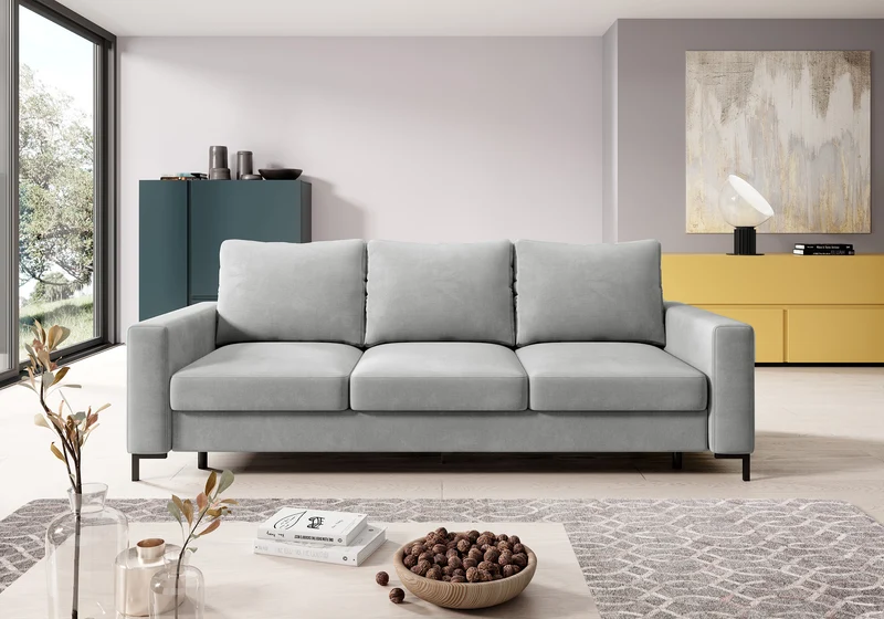 Dreisitziges ausklappbares Sofa Mokpeo mit Stauraum, hellgrauer, pflegeleichter Samtstoff
