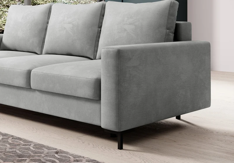 Dreisitziges ausklappbares Sofa Mokpeo mit Stauraum, hellgrauer, pflegeleichter Samtstoff