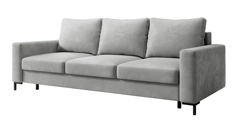 Dreisitziges ausklappbares Sofa Mokpeo mit Stauraum, hellgrauer, pflegeleichter Samtstoff