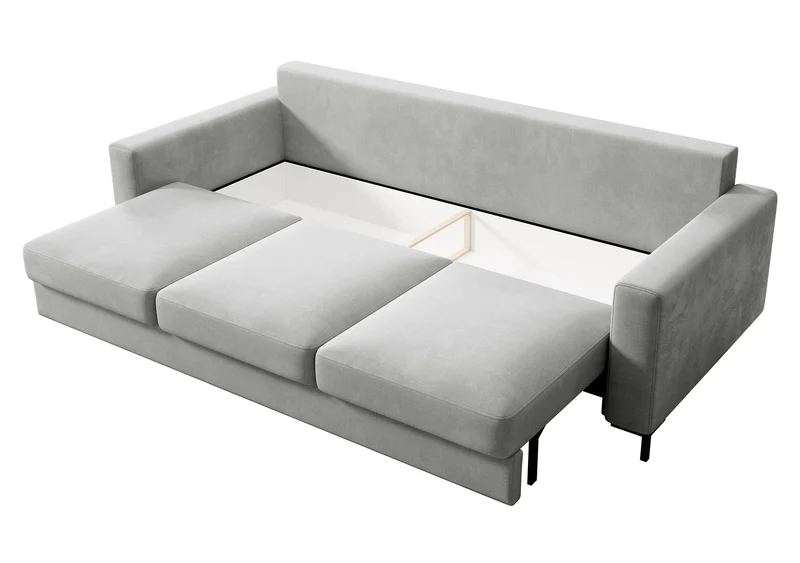 Dreisitziges ausklappbares Sofa Mokpeo mit Stauraum, hellgrauer, pflegeleichter Samtstoff