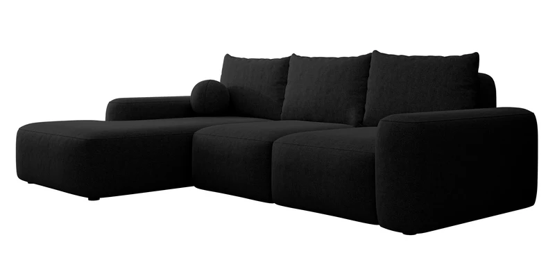 Ecksofa mit Schlafunktion Carnos L-förmig mit Ball, einzelne Kissen, schwarzer hydrophober Chenille, linksseitig