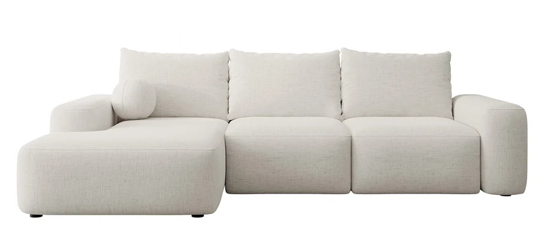 Ecksofa mit Schlaffunktion Carnos, L-förmig mit Ball, einzelne Kissen, cremefarbener hydrophober Chenille, linksseitig