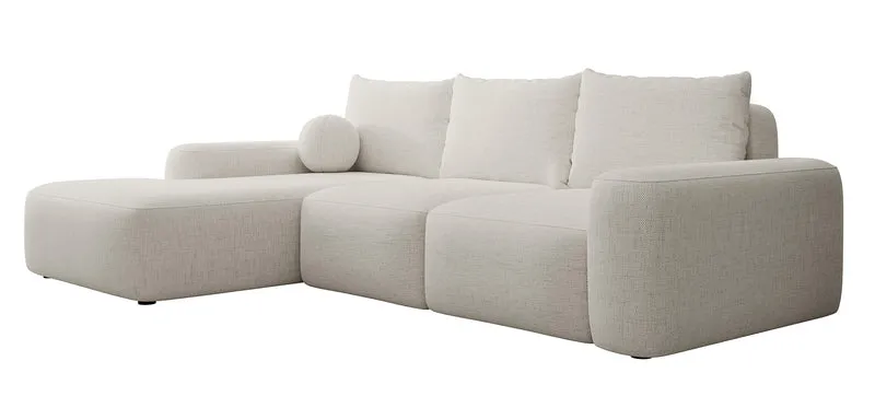 Ecksofa mit Schlaffunktion Carnos, L-förmig mit Ball, einzelne Kissen, cremefarbener hydrophober Chenille, linksseitig