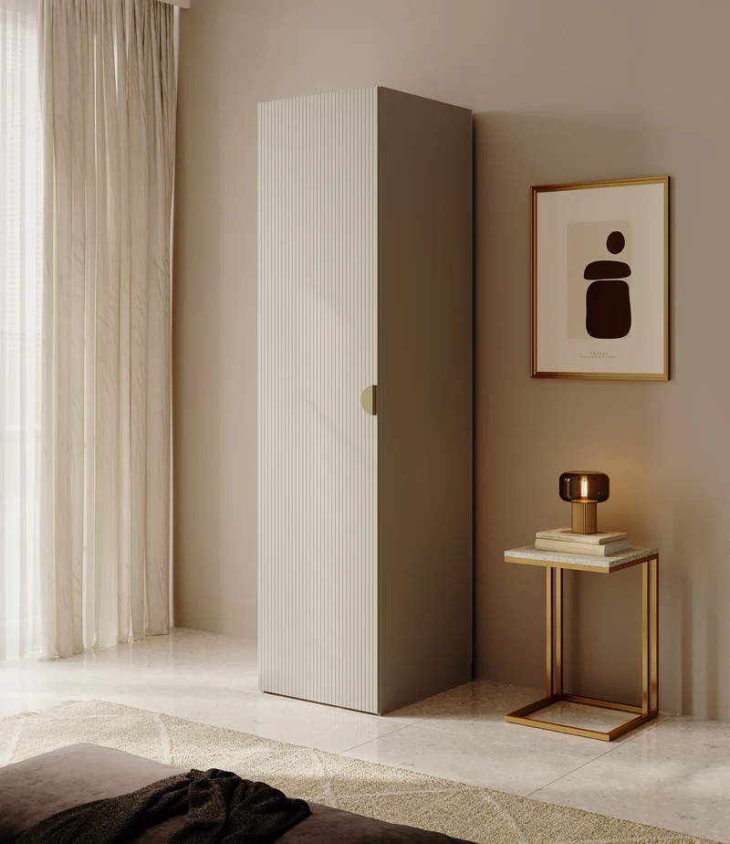 Einschwingiger Schrank Moonir mit 50 cm Regalen Grau Beige