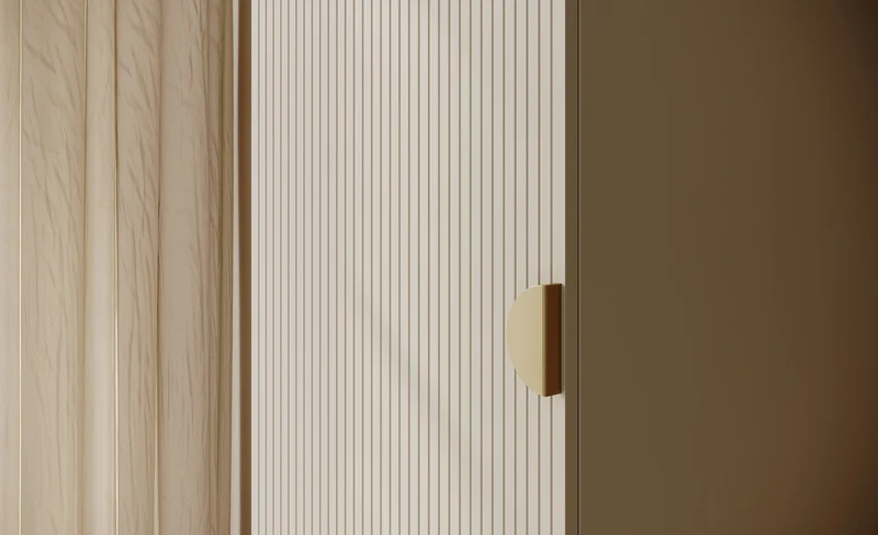 Einschwingiger Schrank Moonir mit 50 cm Regalen Grau Beige