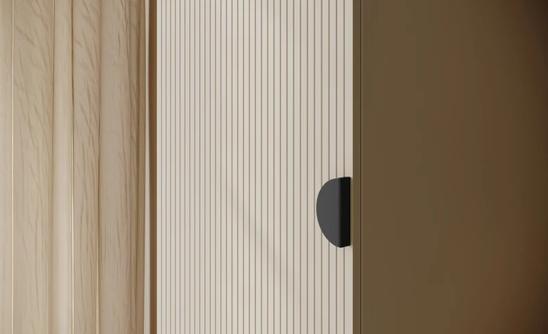 Einschwingiger Schrank Moonir mit 50 cm Regalen Grau Beige