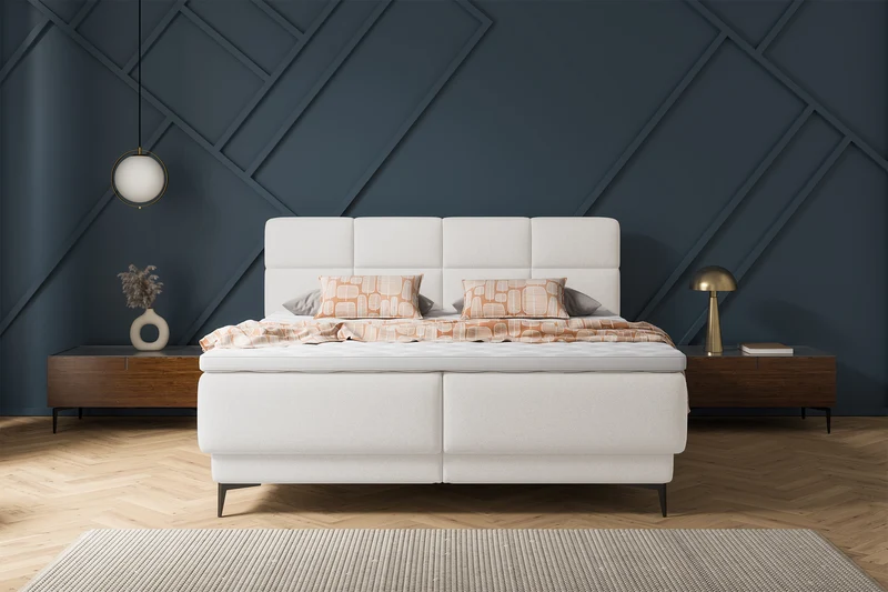 Kontinentalbett 160x200 cm Rektango mit Stauraum und Topper, cremefarbener Samt