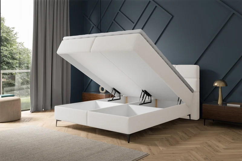 Kontinentalbett 160x200 cm Rektango mit Stauraum und Topper, cremefarbener Samt