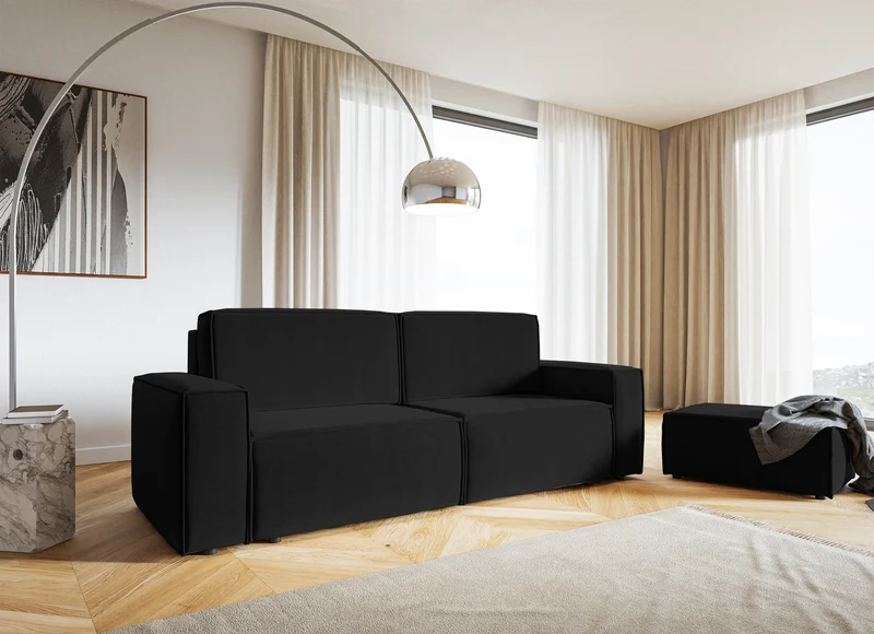 Schwarzes, dreisitziges Schlafsofa Copertino aus wasserabweisendem Velours