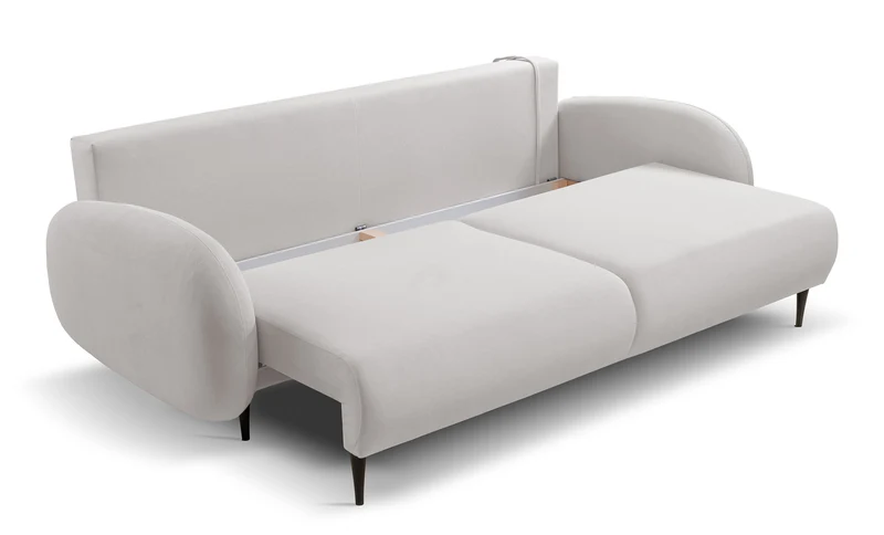 Schlafsofa Bafra mit Schlaffunktion und Bettkasten, cremefarbenes Samtvelours
