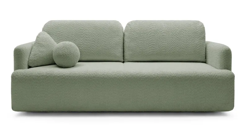 Dreisitziges ausklappbares Sofa Lambina mit Stauraum, Salbeigrüner Bouclé-Bezug
