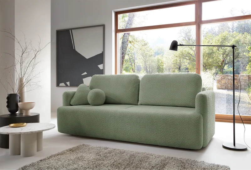 Dreisitziges ausklappbares Sofa Lambina mit Stauraum, Salbeigrüner Bouclé-Bezug