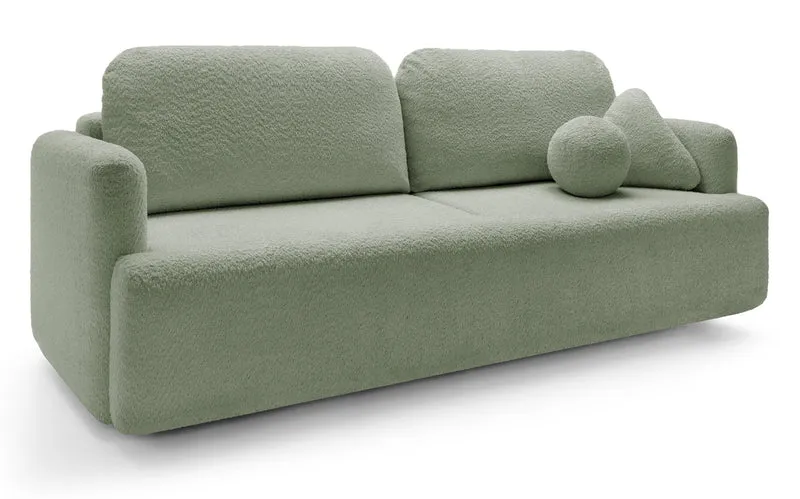 Dreisitziges ausklappbares Sofa Lambina mit Stauraum, Salbeigrüner Bouclé-Bezug