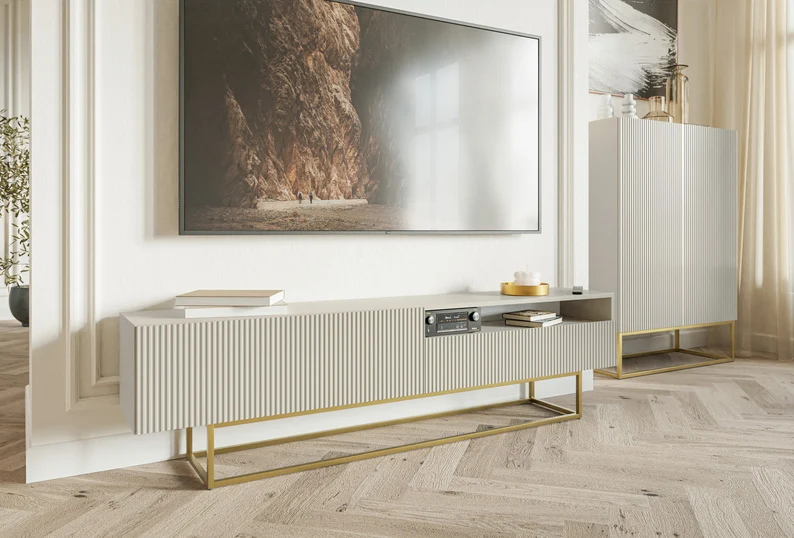 TV-Schrank Veldio mit gefräster Front und Nische, 175 cm, Grau-Beige mit goldenen Beinen