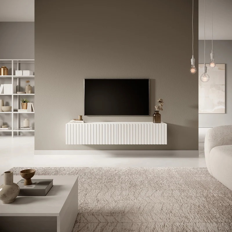 TV-Schrank Telire 138,6 cm Weiß mit lamellenförmiger Front