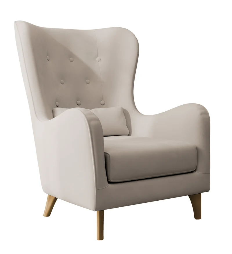 Relaxsessel "Uszak" Calmino hellbeige aus hydrophobem Veloursstoff mit Buchenholzbeinen