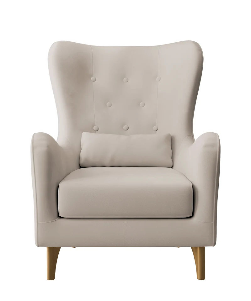 Relaxsessel "Uszak" Calmino hellbeige aus hydrophobem Veloursstoff mit Buchenholzbeinen