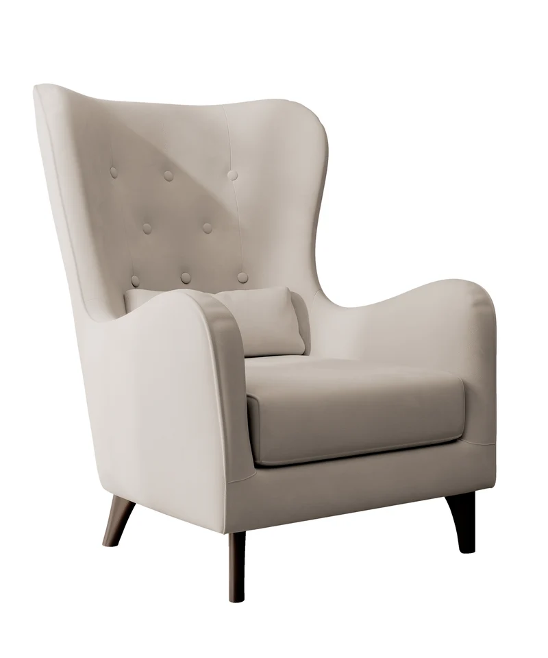 Relaxsessel Calmino in hellem Beige aus wasserabweisendem Samtstoff, Beine in Wenge-Farbton