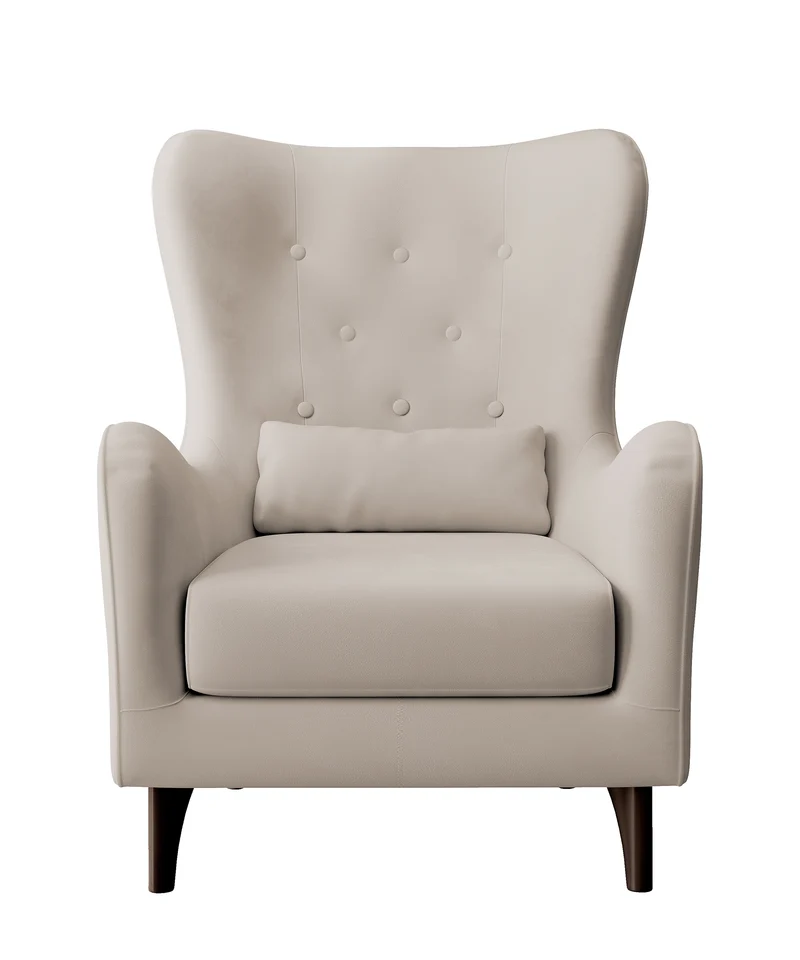 Relaxsessel Calmino in hellem Beige aus wasserabweisendem Samtstoff, Beine in Wenge-Farbton
