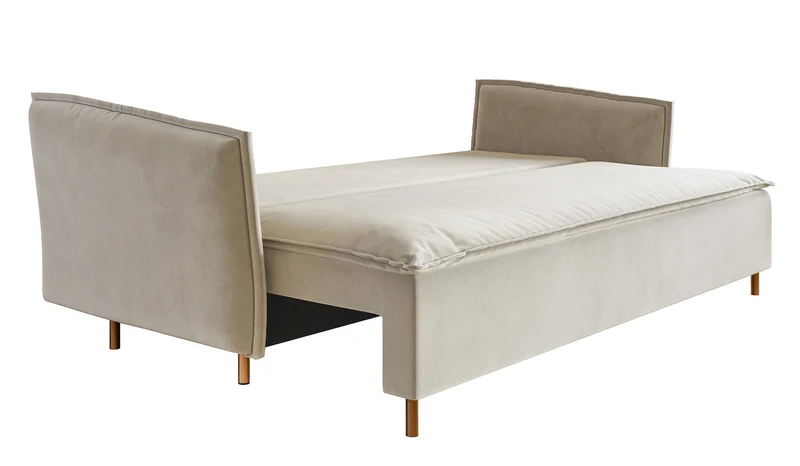Drei-Sitzer-Schlafsofa Ummo mit Stauraum, cremefarbener Veloursstoff, wasserabweisend, goldene Beine