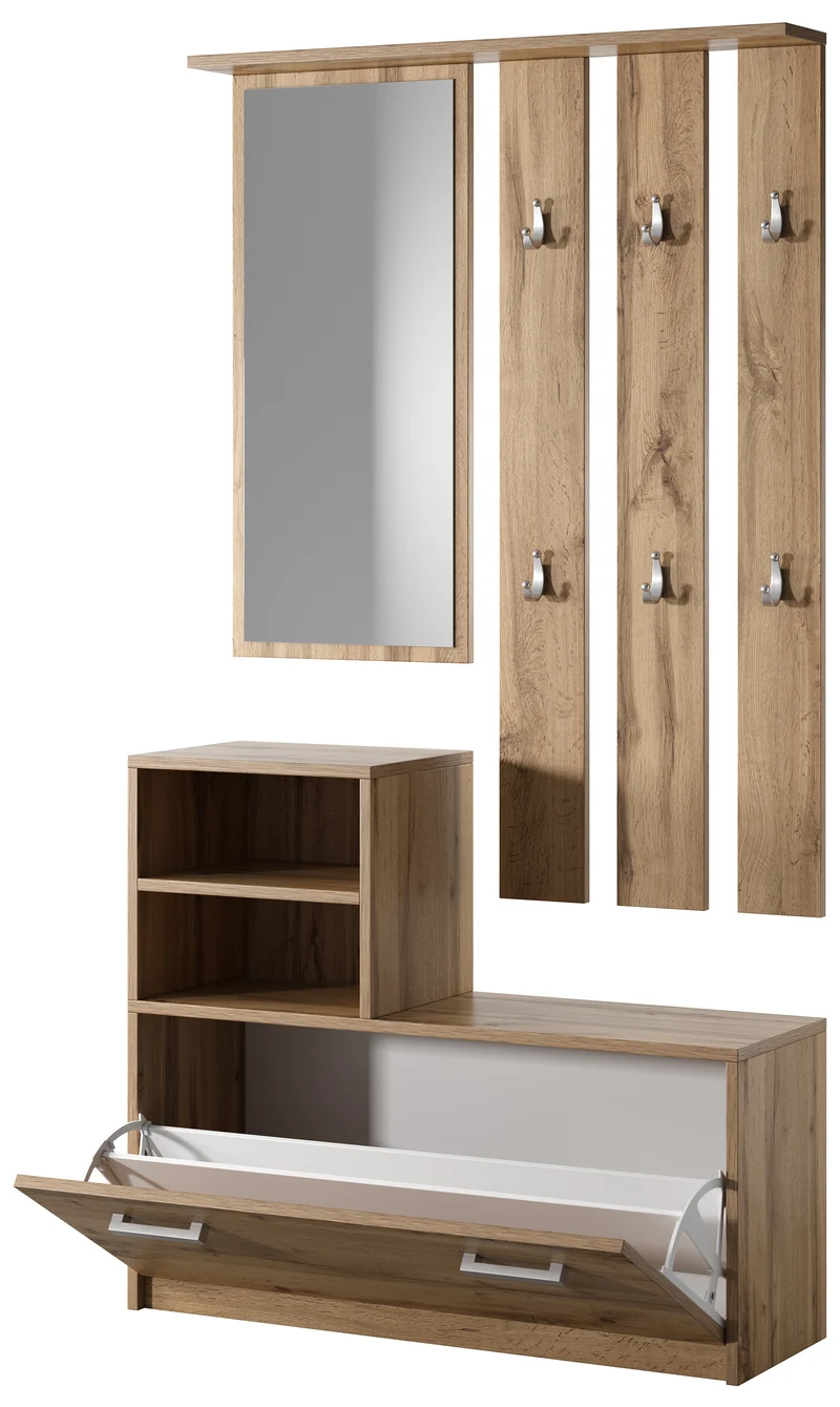 Flur-Set Yesfir mit Spiegel, Haken, Regalen und Schuhschrank Wotan-Eiche