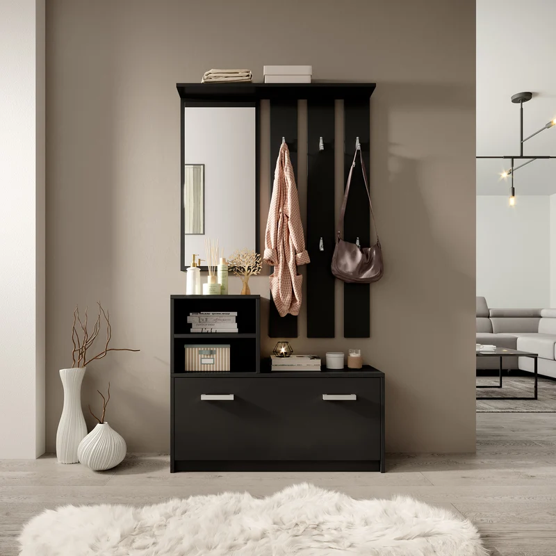 Yesfir Flur-Set mit Spiegel, Haken, Regalen und Schuhschrank Schwarz