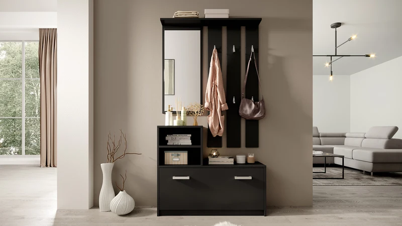 Yesfir Flur-Set mit Spiegel, Haken, Regalen und Schuhschrank Schwarz