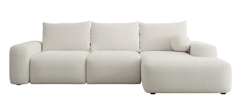 Ecksofa mit Schlaffunktion Carnos, L-förmig mit Ball, einzelne Kissen, cremefarbenes hydrophobes Chenille, rechtsseitig