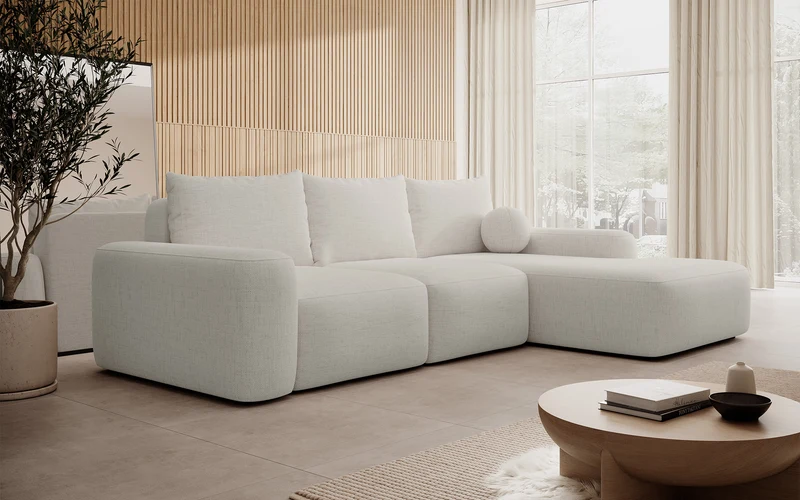 Ecksofa mit Schlaffunktion Carnos, L-förmig mit Ball, einzelne Kissen, cremefarbenes hydrophobes Chenille, rechtsseitig