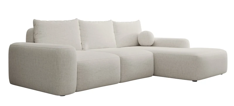 Ecksofa mit Schlaffunktion Carnos, L-förmig mit Ball, einzelne Kissen, cremefarbenes hydrophobes Chenille, rechtsseitig