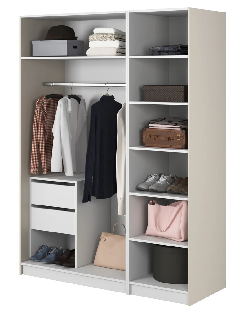 Drehtürenschrank Moonir mit langem Kleiderstange, sieben Regalen und Schubladencontainer, 150 cm, Grau-Beige