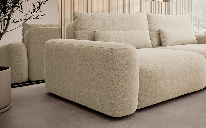 Dreisitziges ausklappbares Sofa Carnos, beige, chenille, wasserabweisend, schwarze Beine