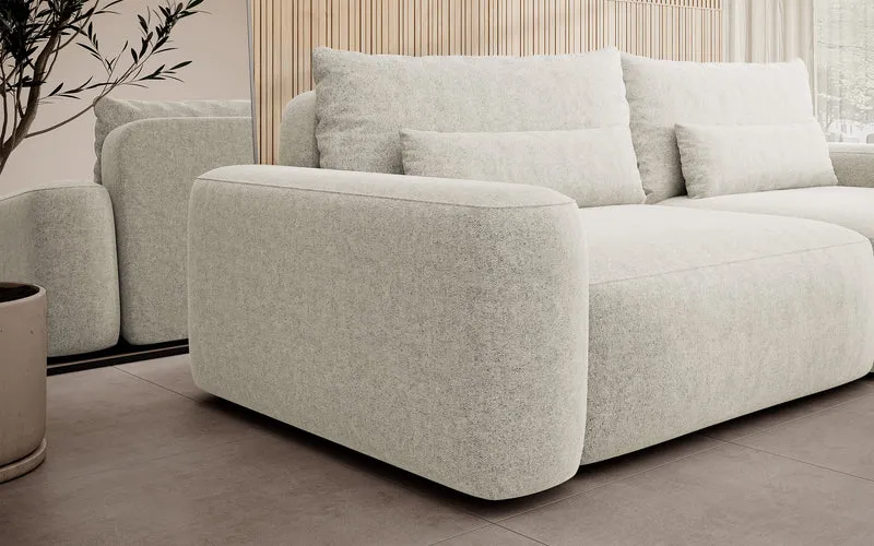 Dreisitziges ausklappbares Sofa Carnos, cremefarben, hydrophober Chenille-Stoff, schwarze Beine